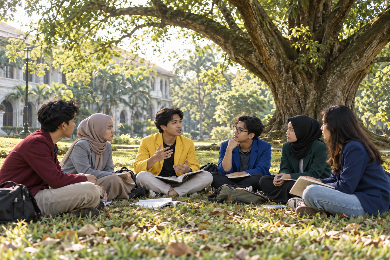 Ilustrasi mahasiswa dan mahasiswi berjas almamater kuning, abu-abu, biru, dan warna lainnya berdiskusi dengan buku terbuka di bawah pohon rindang halaman kampus