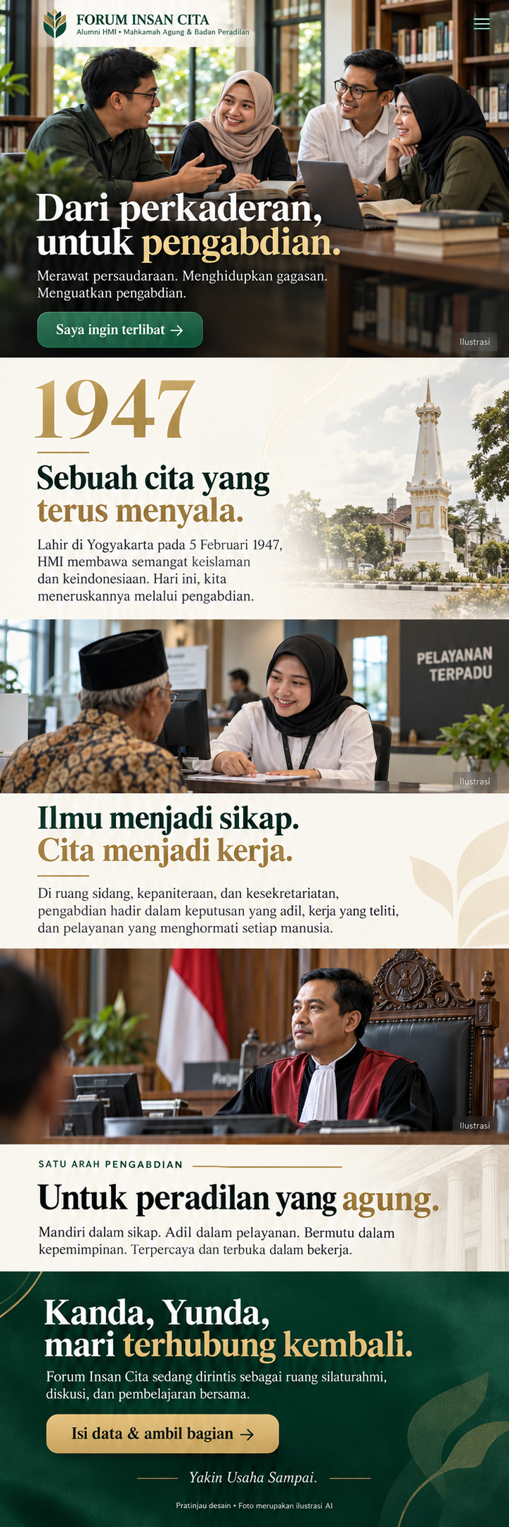 Hakim bertoga duduk di ruang sidang, sesuai gambar pada desain awal Forum Insan Cita
